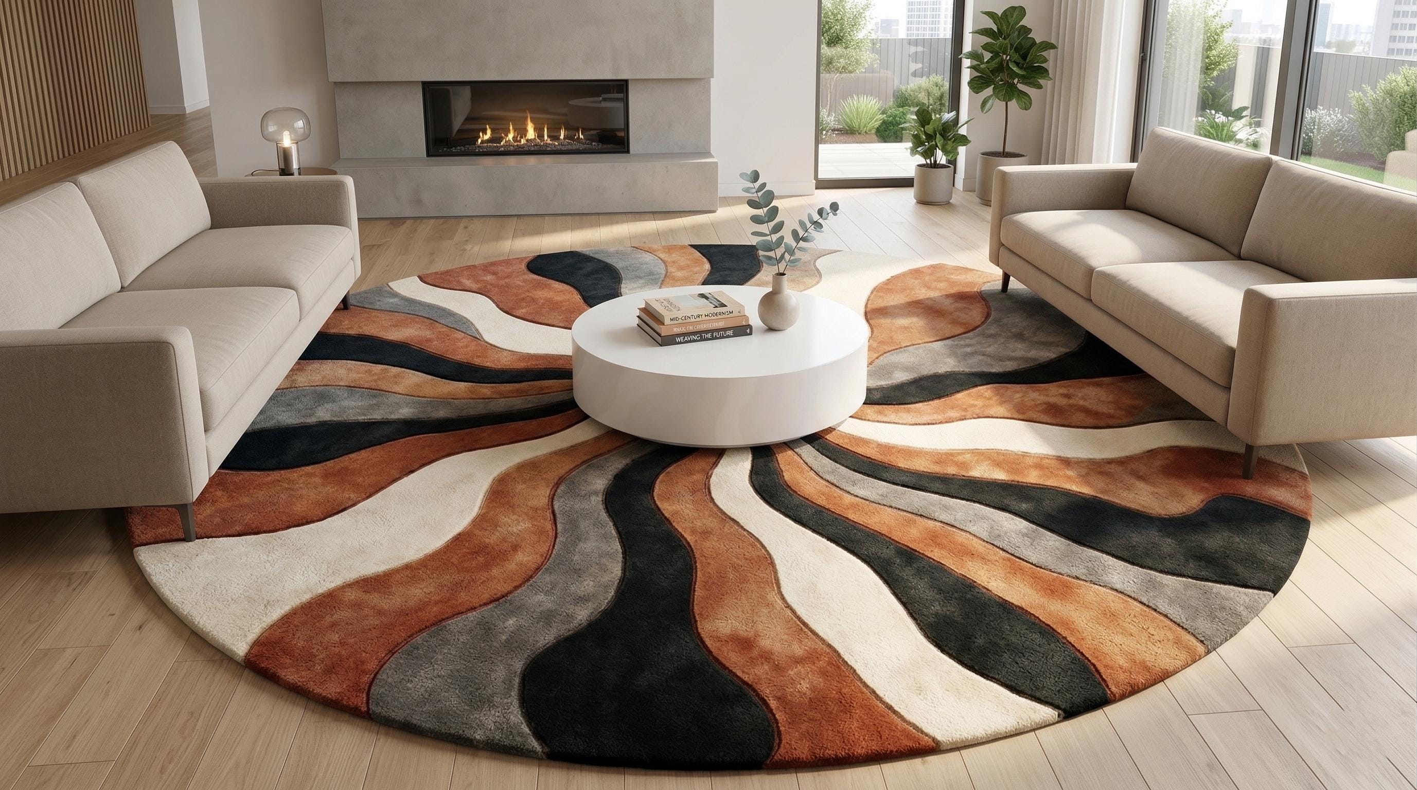 Round Area Rug Wavy Sunburst Pattern | Rust Orange, Black, Cream Hand ...