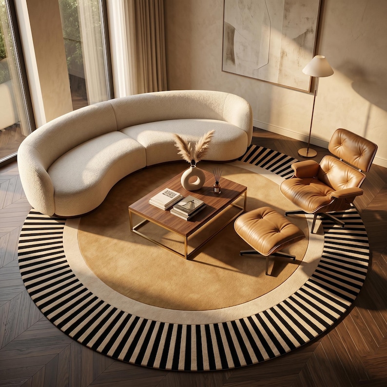 Puede incluir: Un sal&oacute;n moderno con un sof&aacute; curvo color crema, un sill&oacute;n de cuero marr&oacute;n con una otomana a juego y una mesa de centro cuadrada. La habitaci&oacute;n se completa con una alfombra redonda con rayas blancas y negras.