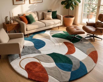 Alfombra redonda de bloques de color, estilo moderno de mediados de siglo, alfombra circular de lana tejida a mano, azul, verde, óxido, tamaño personalizado, estilo retro de los años 70.
