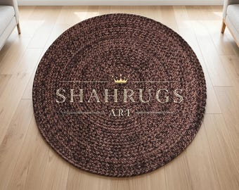 Alfombra redonda de yute trenzado hecha a mano, alfombra circular marrón oscuro y negra, decoración rústica de granja, alfombra ecológica personalizada, entrada de sala de estar.