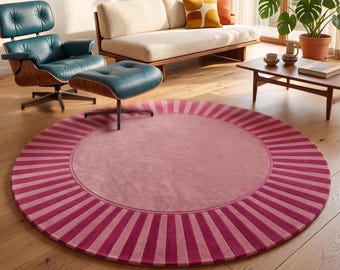 Alfombra redonda Retro Pink Sunburst / Alfombra de lana tejida a mano con borde a rayas magenta rubor / Pelo alto tallado en 3D / Tamaños disponibles: 8x8, 10x10 y 12x12 pulgadas.