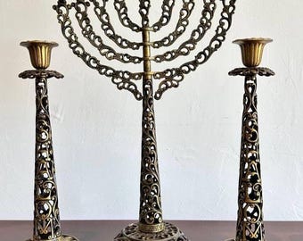 Juego de Judaica de latón artesanal de Israel: Candelabros para Shabat y Janucá, regalo judío