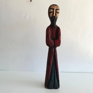 Escultura antigua de monje en madera tallada a mano - Arte popular francés del siglo XIX