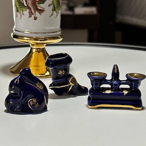 Vintage Limoges Miniature Figurines: Cobalt Blue & Gold Trim, Set of 3
