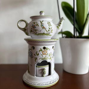 Juego de té y chocolate caliente de porcelana vintage: tetera floral francesa con calentador, decoración cottagecore