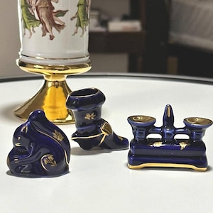 Vintage Limoges Porcelain Figurines: Cobalt Blue & Gold, Set of 3