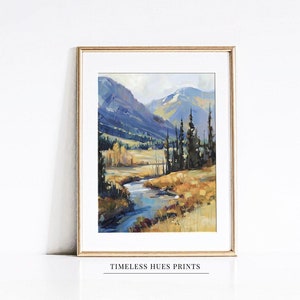 Serene Mountain Valley Landscape Painting, Rocky Mountains Art, Vintage Nature Art, Mountain Creek Art, Digital Download PRINTABLE ART