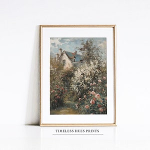 Vintage Rose Garden Painting | English Cottage Art PRINTABLE, Dining Room Decor | Floral Art, Digital Download | Impressionist Landscape Art