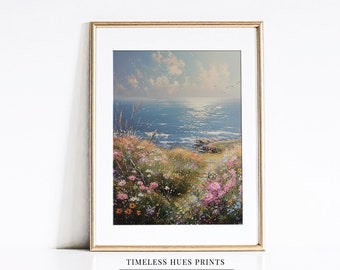 海岸沿いの風景画 素朴な海岸の崖の絵画：海辺の壁画（印刷可能なデジタルダウンロード