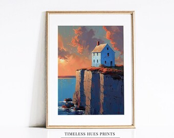 Peinture de paysage côtier de mauvaise humeur | Maison sur une falaise (téléchargement numérique)