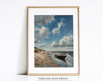 Sandy Beach Boat Painting | Coastal Seascape Art (Printable Digital Download)