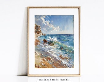 海岸沿いの風景画 素朴な海岸の崖の絵画：海辺の壁画（印刷可能なデジタルダウンロード