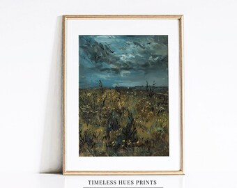 Vintage Stormy Meadow Oil Painting | Moody Landscape Art (Printable)