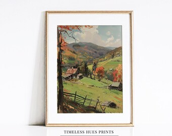 Vintage Autumn Farm Landscape Painting | Rustic Country Wall Art (Digital Download)