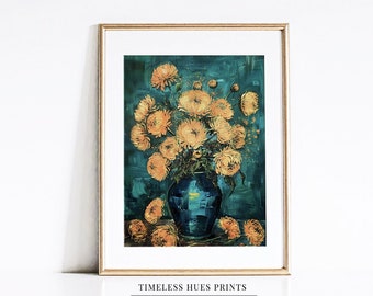 Vintage Floral Still Life Painting | Moody Chrysanthemums Art (Digital Download)