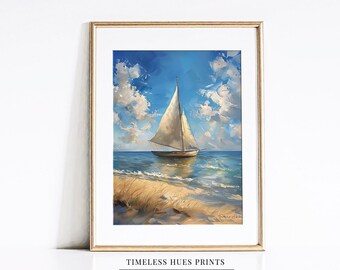 Vintage Sailboat Seascape Painting | Printable Coastal Art (Digital Download)