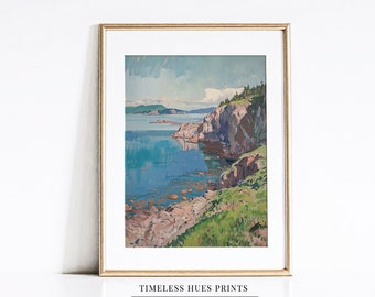 素朴な海岸の崖の絵画：海辺の壁画（印刷可能なデジタルダウンロード