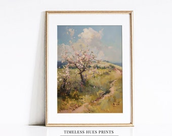 Cherry Blossom Landscape Painting, Vintage Countryside Tree (Digital Download)