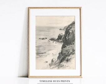 Vintage Coastal Charcoal Sketch, Black and White Seascape Art (Digital Download)