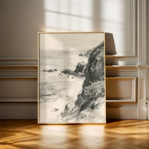 Vintage Landscape Coastal Charcoal Sketch Art | Pencil Sketch | Black and White Drawing | Pencil Art Drawing | PRINTABLE Digital Download
