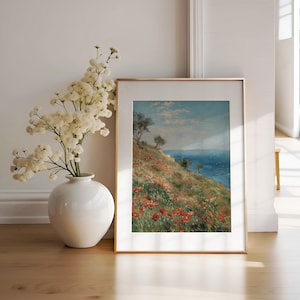 Coastal Poppy Meadow Landscape Painting, Vintage Oil Painting, Red Poppy Hillside, Coastal Home Decor, Digital Download PRINTABLE ART