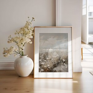 Misty Serene Beach Landscape Painting, Neutral Coastal Meadow Art, Beach Grass Print | Abstract Seaside Art | Digital Download PRINTABLE ART