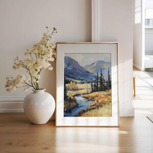 Misty Mountain Valley Landscape Painting, Rocky Mountains Art, Vintage Nature Art, Mountain Creek Art, Digital Download PRINTABLE ART