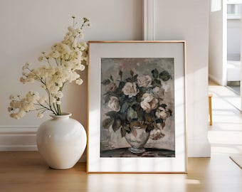 Vintage White Roses Still Life Painting, Botanical Printable Art (Digital Download)