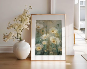 White Poppies Oil Painting, Vintage Floral Botanical Art (Digital Download)