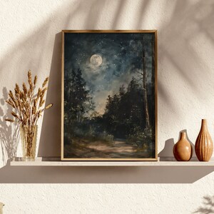 Vintage Moon and Stars Oil Painting, Moody Vintage Landscape, Dark Academia Decor, Night Sky Wall Decor, Mystical Digital Printable Download