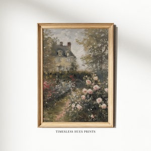 Printable Cottage Oil Painting | Rose Garden Wall Art | Farmhouse Decor, Vintage Garden Landscape, Cottage Landscape Print | PRINTABLE Art