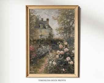 Vintage Cottage Garden Painting, Rose Garden Art, Farmhouse Decor, Country Cottage Decor, Floral Art English Art, PRINTABLE Digital Download
