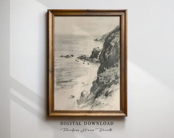 Moody Seascape Sketch Print, Cliffside Coastal Art (Digital Download)