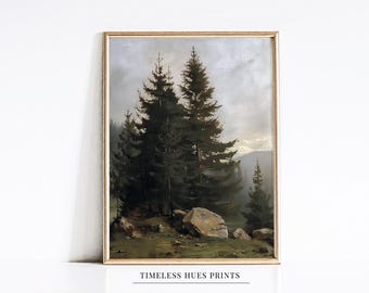 Vintage Pine Forest Oil Painting Print, Rustic Mountain Art (Digital Download)