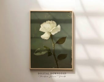 Impresión de pintura al óleo de rosa blanca / Arte floral gótico oscuro (descarga digital)