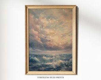 Vintage Stormy Ocean Painting, Moody Coastal Art (Printable Digital Download)