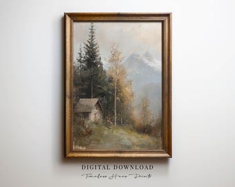 Mountain Cabin Oil Painting, Rustic Autumn Landscape Print (Digital Download)