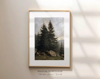 Vintage Pine Tree Oil Painting, Rustic Mountain Forest Print (Digital Download)