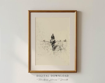 Cowboy Horse Sketch Print | Vintage Western Art | Rustic Country Art | Printable Home Decor | Country Home Wall Decor, DIGITAL DOWNLOAD