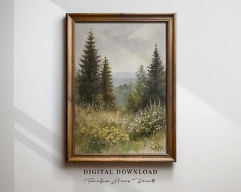 Wildflower Meadow Art Print | Vintage Pine Forest Landscape (Digital Download)