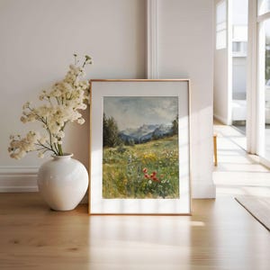 Impressionist Wildflower Meadow Watercolor Painting, Mountain Landscape Art, Alpine Mountains Wall Decor, Digital Download PRINTABLE ART