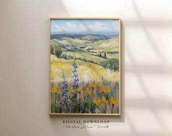 Konsttryck med vildblomsäng, impressionistiskt landskap, lantlig inredning (digital nedladdning)
