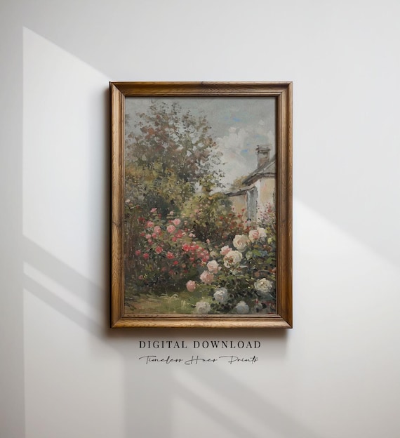 ヴィンテージコテージローズガーデンの絵画、印刷可能な花の風景画 