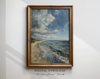 Puede incluir: Pintura enmarcada de un paisaje de playa con cielo nublado. La obra presenta una orilla arenosa, olas azules del océano y un cielo brillante con nubes blancas y esponjosas. El marco es de madera. El texto en la parte inferior dice "DESCARGA DIGITAL Timeless Home Prints."