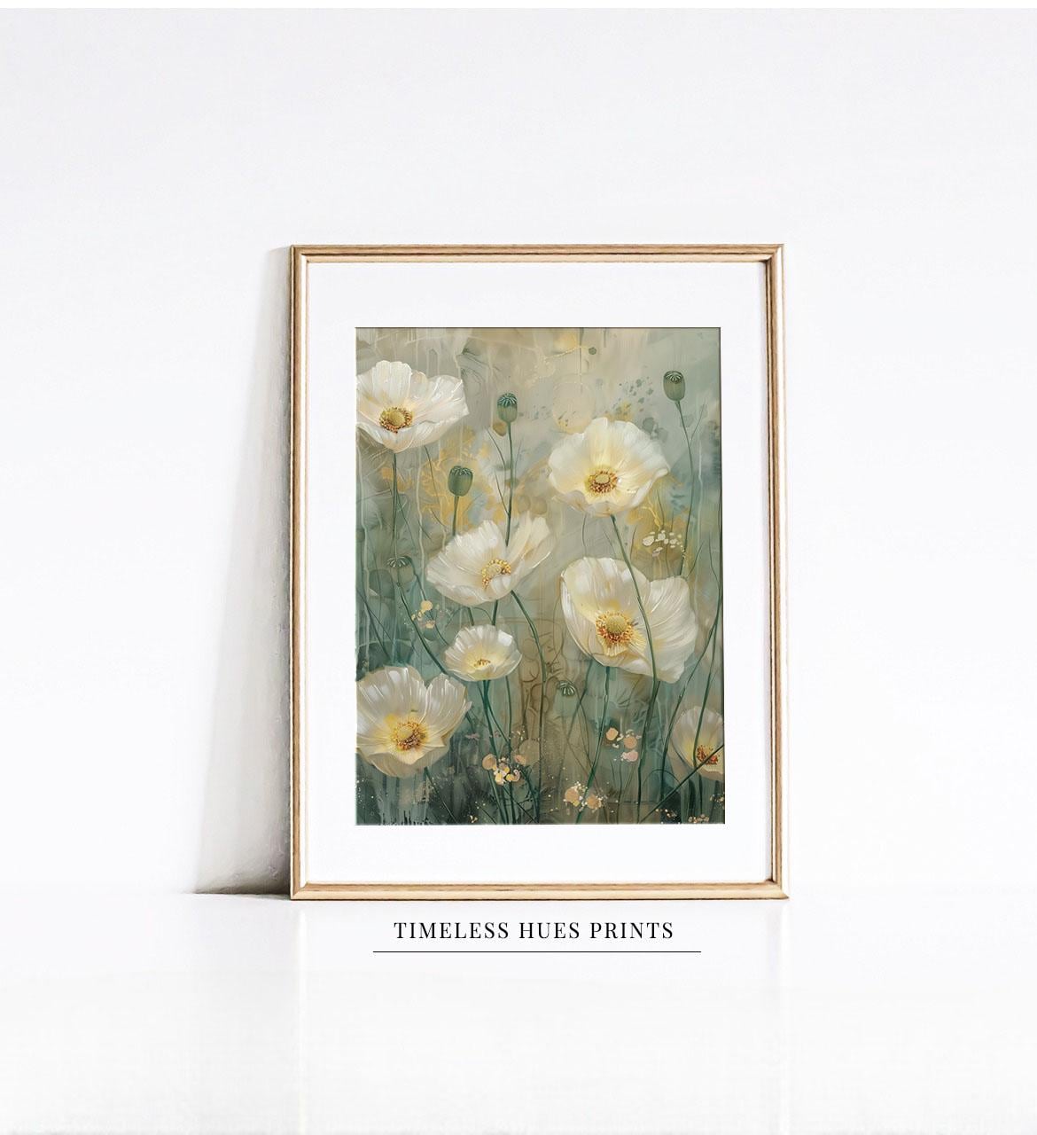 ヴィンテージの白いポピーの油絵、花のボタニカルアート（デジタル