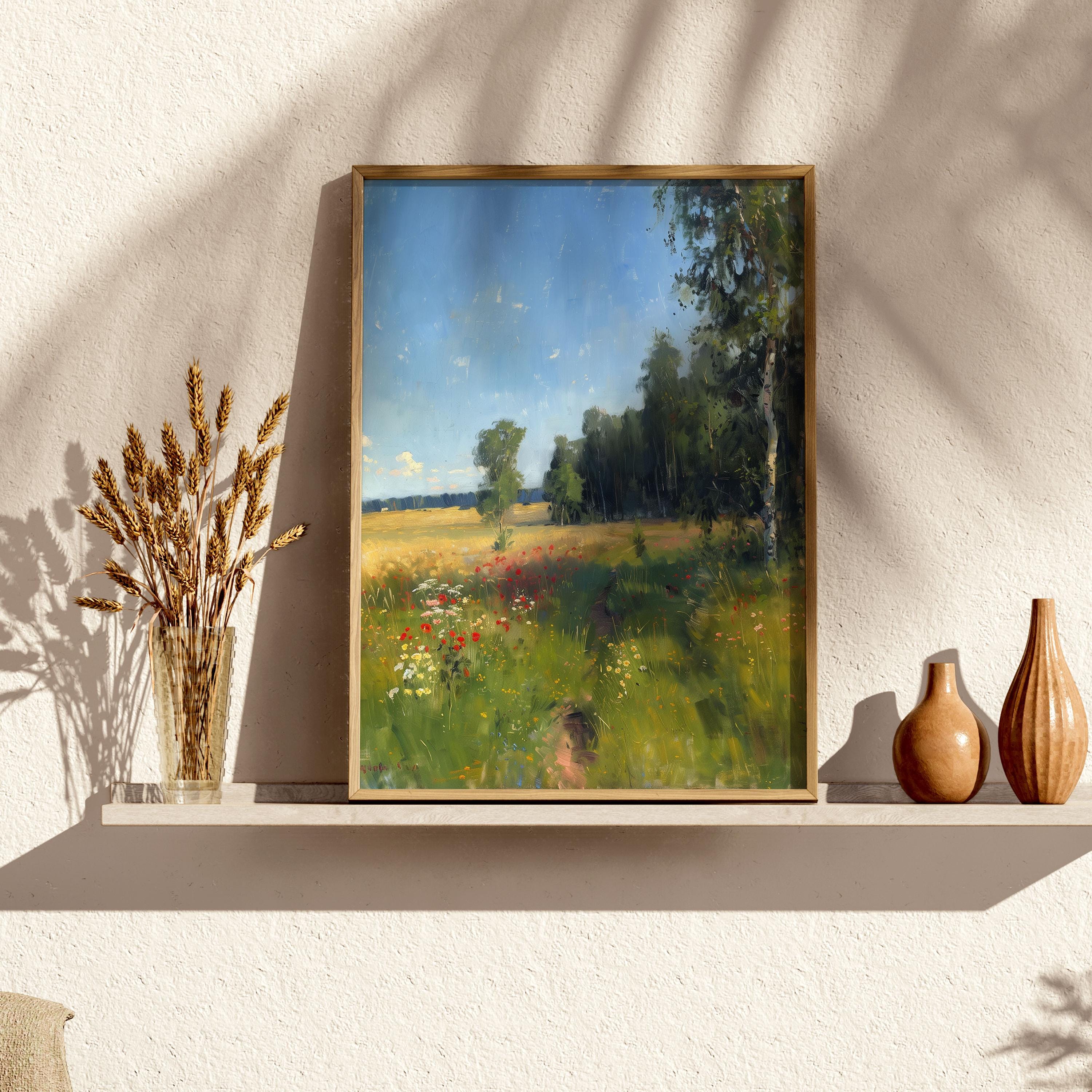 白樺の木の風景画、夏の田園風景の油絵（デジタルダウンロード