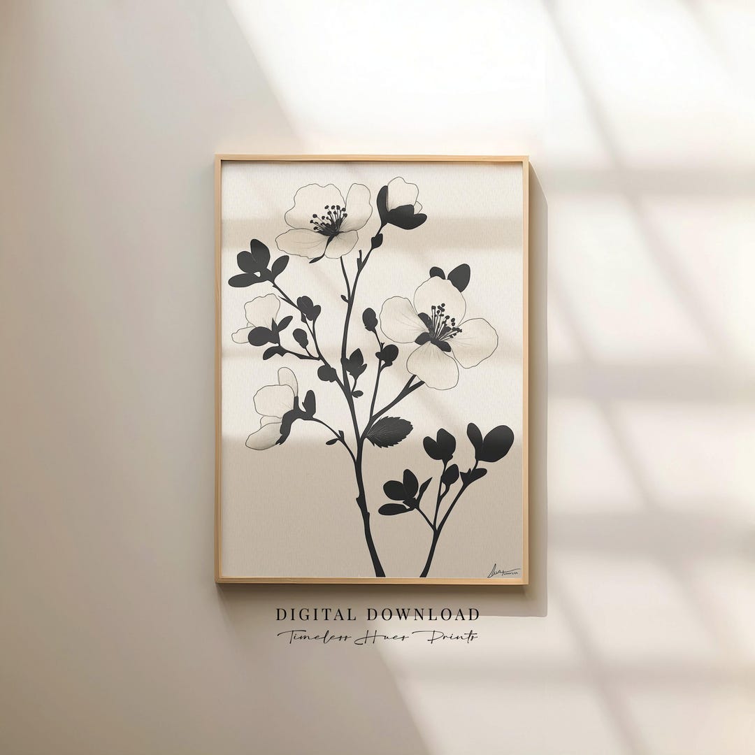 Botanical Floral Art Print | Black Beige Wall Art | Minimalist Flower ...