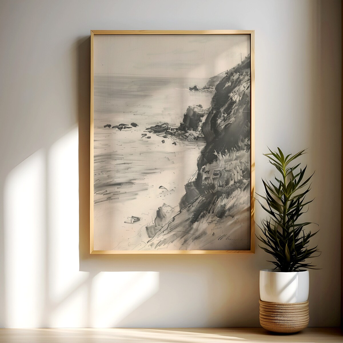 Vintage Coastal Cliff Charcoal Sketch Art Print (digital Download) - Etsy