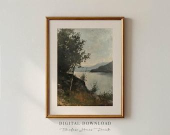 Vintage Lake Painting | Moody River Landscape Art (Digital Download)