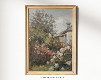 Vintage Rose Garden English Cottage Painting | Country Landscape | Farmhouse Decor, Dining Room Decor, Living Room Decor, PRINTABLE Wall Art